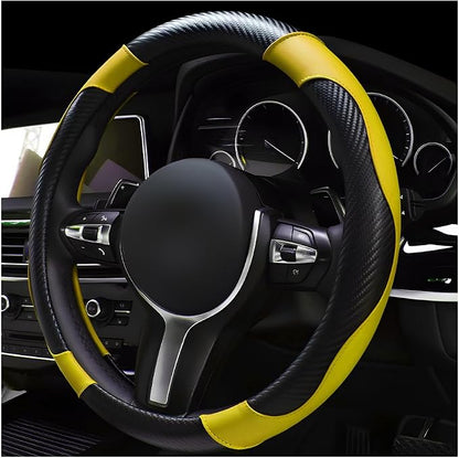 povtii Car Steering Wheel Cover, 15 Inch Leather Breathable Auto Steering Wheel Protector, Comfortable Non-Slip Vehicle Steering Wheel Covers, Universal Car Accessories (Yellow, with Lining)