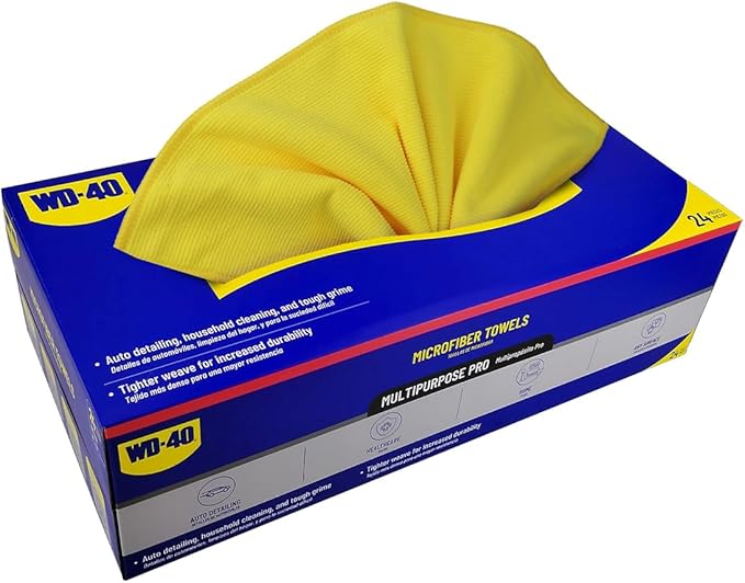 WD-40 Car Detailing Microfiber Towels - PRO Multipurpose Cleaning Cloths for Auto Care, Drying, Streak Free, Lint Free, Absorbent, Glass, Microfiber Kitchen Towels Yellow - 16x16, 24 Pack