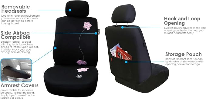 FH Group Car Seat Covers Floral Full Set Black Automotive Airbag and Split Rear Seat Cover Universal Fit Interior Accessories for Cars Trucks and SUV Car Accessories Van Seat Covers