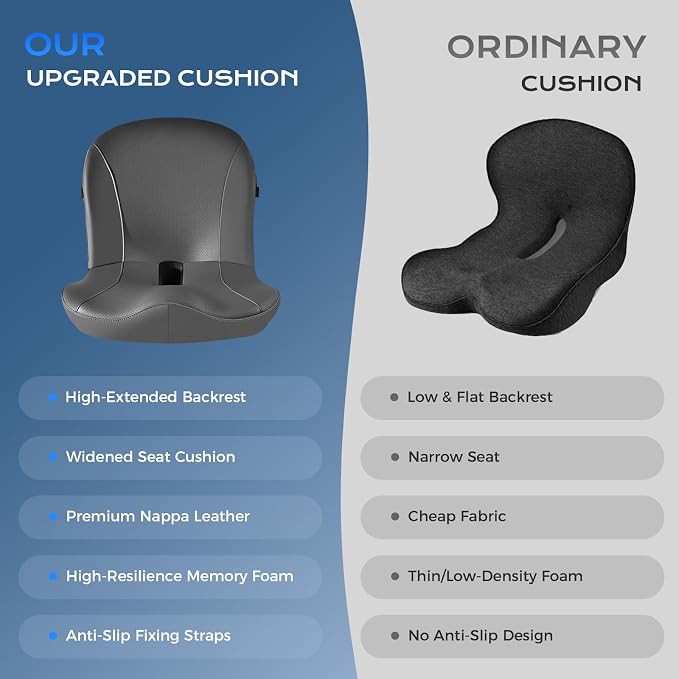 Coverado Car Seat Cushion and Lumbar Support Pillow One Piece, Napa Leather Memory Foam Ergonomic Back Support Driving Seat Cushion for Back Pain, Non-Slip Washable Cushion for Car, Driver, Office