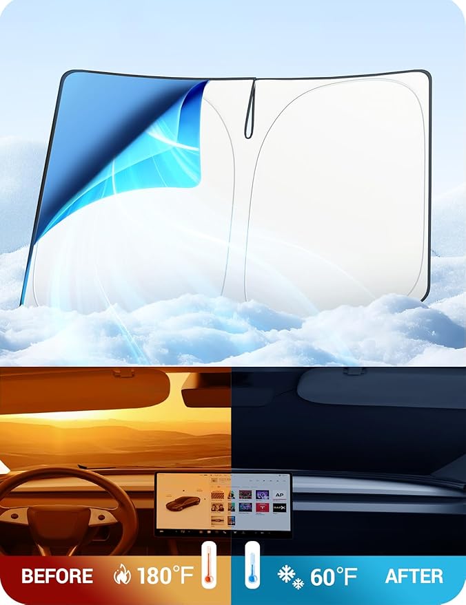 BASENOR Windshield Sunshade for 2017-2026 Tesla Model Y Juniper & Model 3 Highland, [Nano Ice Crystal] Foldable Sun Shade, UV Block Heat Insulation Interior Accessories Off-White