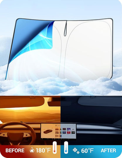BASENOR Windshield Sunshade for 2017-2026 Tesla Model Y Juniper & Model 3 Highland, [Nano Ice Crystal] Foldable Sun Shade, UV Block Heat Insulation Interior Accessories Off-White
