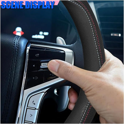 Craedli Nappa Leather Car Steering Wheel Cover, Breathable Non-Slip Automotive Steering Wheel Protector Universal Fit 14.5-15 Inch, Car Interior Decoration Accessories for Trucks, SUVs (Dual-Line)