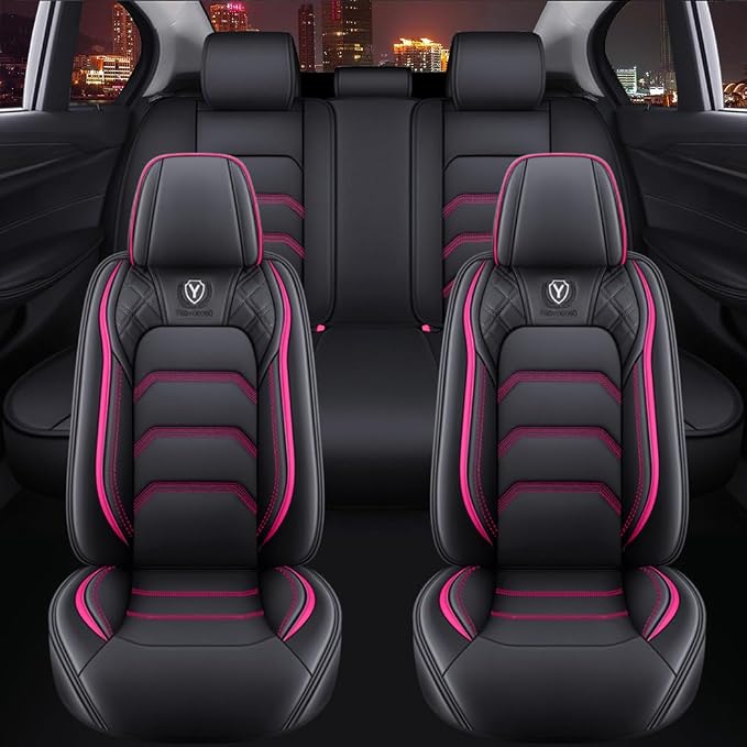 Comfortable Leather Auto Car Seat Covers 5 Seats Full Set Universal Fit (Black & Rose)