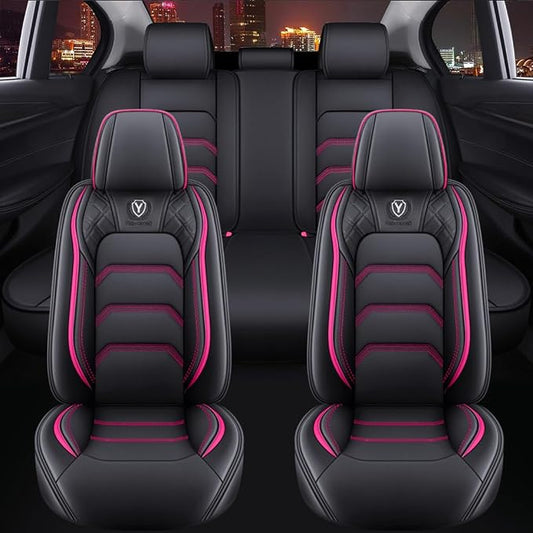 Comfortable Leather Auto Car Seat Covers 5 Seats Full Set Universal Fit (Black & Rose)