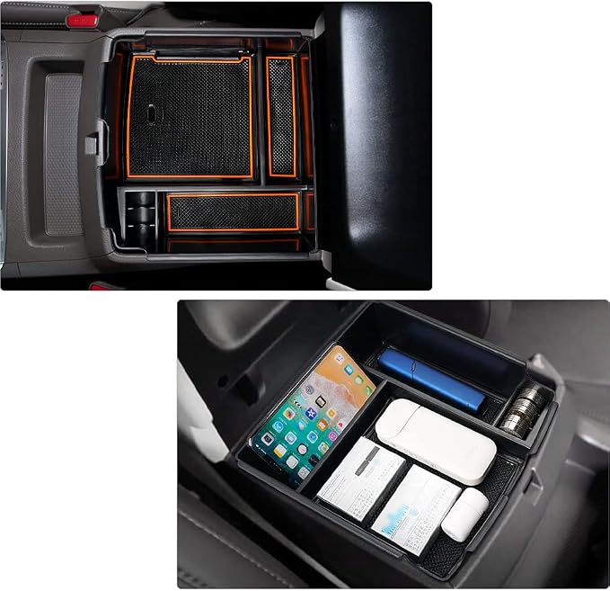 Autorder Center Console Organizer for 2022-2026 Kia Carnival KA4 MPV Accessories Armrest Storage Box Secondary Insert Tray with Orange/Black Silicone Pad