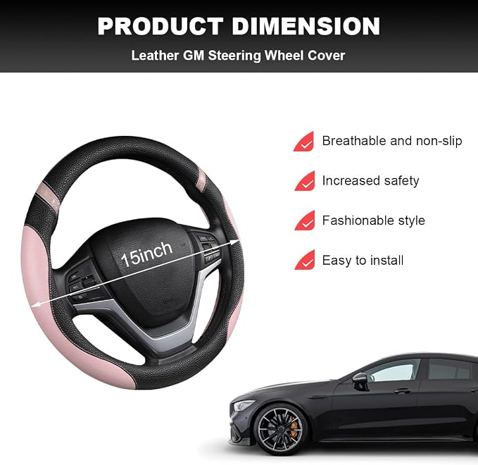 Car Steering Wheel Cover, 15 Inch Premium Leather Breathable Non-Slip Wheels Wrap, Universal Auto Comfortable Steering Wheel Protector for SUV Truck Van, Car Accessories (Pink)