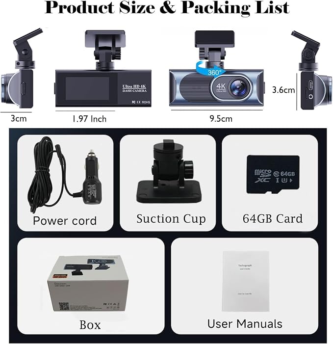 4K Dash Cam Front, WiFi Dash Camera for Cars, Mini Dashcam with Super Night Vision,1.97 Inch Screen, Loop Recording, G-Sensor, WDR, Parking Monitor, 64GB Card Included (4K Mini Dash Cam)