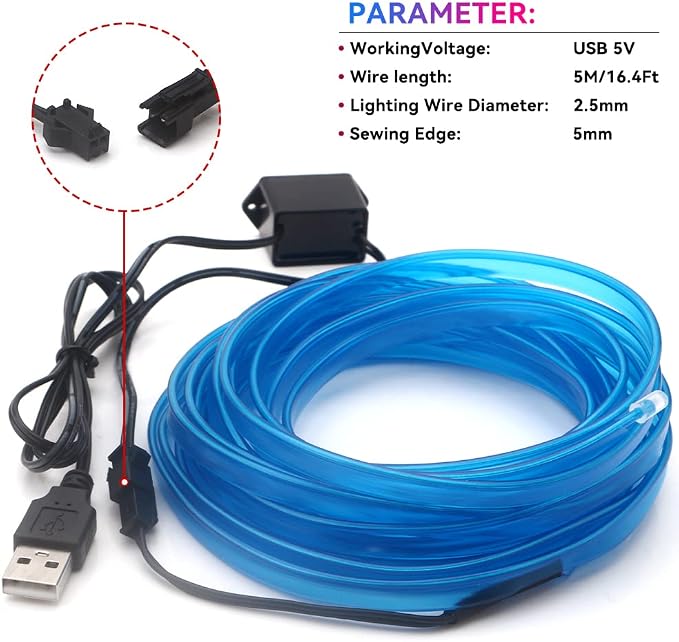 El Wire Lights for Car Inteior Dash Light Blue Neon Lights 16FT/5M Car Led Strip Light USB 5V Decoration