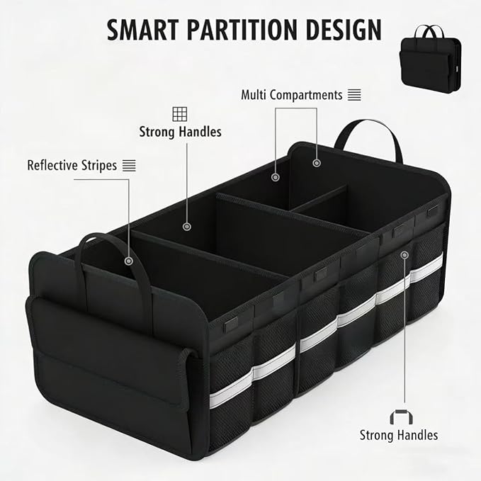 CloudDream Car Trunk Organizer and Storage, 35.4" Large Foldable Cargo Storage with 3 Compartments & 6 Pockets, Waterproof Collapsible Organizer for SUV, Truck, Minivan, Sedan, Auto Accessories
