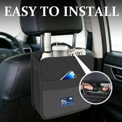 Car Seat Back Organizer, Leather Backseat Hanging Storage Bag, Multipurpose Car Hanging Trash Bag with 2 Compartments, Car Large Capacity Pouch Pocket for Kids & Adults (Black/Transparent Bag)
