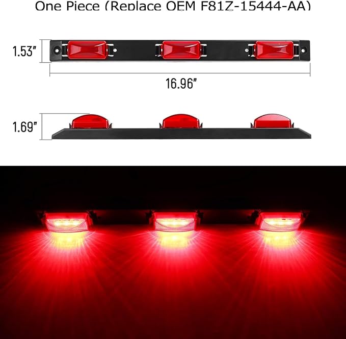 iJDMTOY OEM-Spec Red Lens 9-LED Rear Truck Bed Mounted Center Tailgate Running Light Bar, Compatible with 1999-2010 Ford F-250 F-350 F-450 DRW, Also Fit Other Truck/Pickup