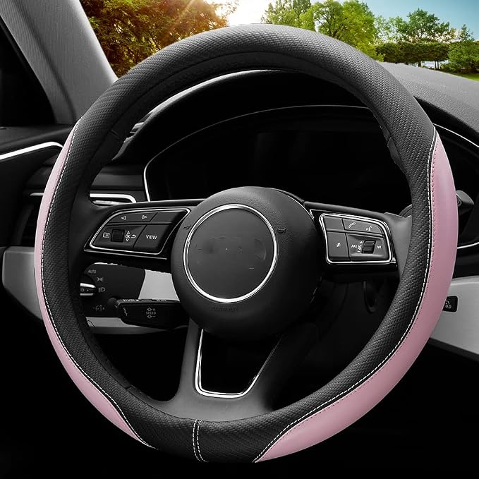 YHONGJT Soft Cute Light Pink Microfiber Leather Anti-Slip Steering Wheel Cover, Universal 15 Inch for Women Girls, Fit Vehicles, Sedans, SUVs, Vans, Trucks