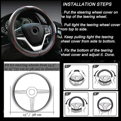 Microfiber Leather Car Steering Wheel Cover, Soft Padding, Durable, No Smell, Universal 15 Inch Steering Cover, Anti-Slip Embossing Pattern A, Black with Red Line