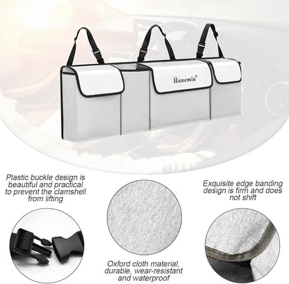 Car Trunk Organizer and Storage, Backseat Hanging Organizer for SUV, Truck, MPV, Waterproof, Collapsible Cargo Storage Bag with 4 Pockets, Car Accessories for Men and Women (Beige)