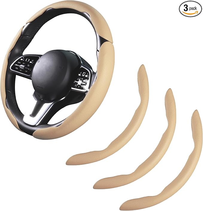 Car Steering Wheel Cover Leather Snap On 3Pcs Set Non-Slip Protector Wrap Steering Wheel Accessories 14.5-15 inch Universal Beige