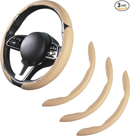 Car Steering Wheel Cover Leather Snap On 3Pcs Set Non-Slip Protector Wrap Steering Wheel Accessories 14.5-15 inch Universal Beige