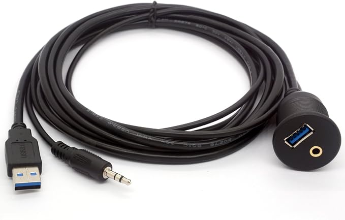 USB 3.0 Flush Mount Cable - USB 3.0 and 3.5mm Aux Extention Mount, Flush, Dash, Panel Mount Cable 1/8 AUX for Car Bike Boat Motorcycle Radio Stereo Android (2 Meter/6Ft)