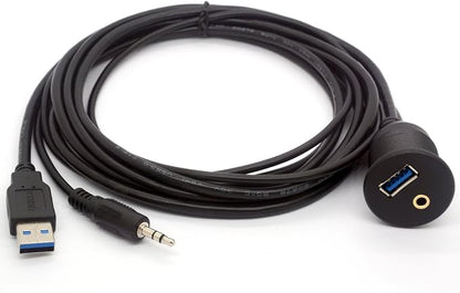 USB 3.0 Flush Mount Cable - USB 3.0 and 3.5mm Aux Extention Mount, Flush, Dash, Panel Mount Cable 1/8 AUX for Car Bike Boat Motorcycle Radio Stereo Android (2 Meter/6Ft)