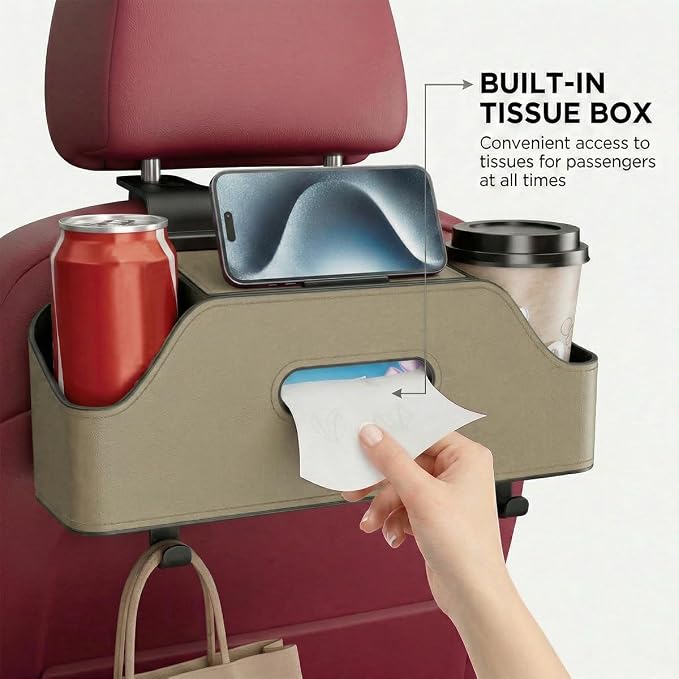 Car Backseat Headrest Organizer, Multifunctional 4-in-1 Back Seat Tissue Box with Cup Holders Hooks, Auto Seat Back Storage Organizer for Hold Phones, Drinks, Bags, Universal Fit (Beige)