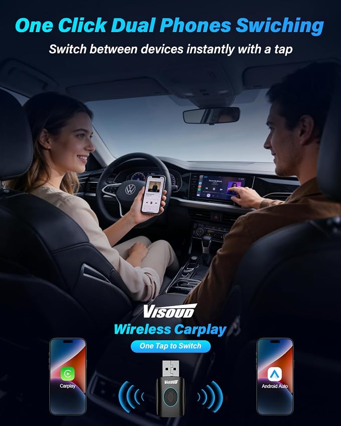 2026 One-Click Disconnect Bluetooth Carplay Adapter, A9 Chip, 3s Auto Connect, WiFi5.8 BT5.8, Wired to Wireless, Dual Phone Switching, iOS10+/Android 10+, Fits OEM Wired CarPlay Cars