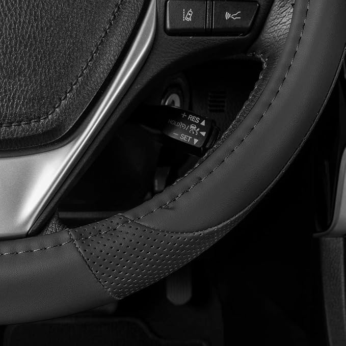 Motor Trend Perforated Microfiber Leather Steering Wheel Cover for Cars Trucks SUVs Vans, Sporty Racing Improved Grip Anti-Fatigue Ergonomic Design, Airbag Compatible - Fits Standard 15" Inch - Black