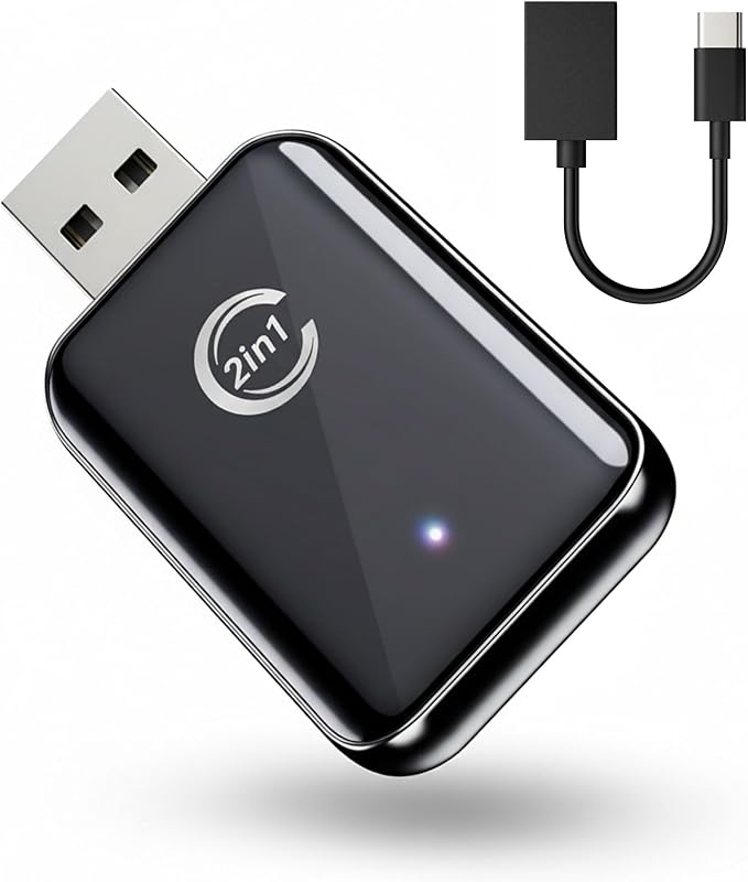 CZOCPOS 2-in-1 Wireless CarPlay Adapter, Plug and Play USB Dongle Support CarPlay and Android Auto, Mini Size, Inky Black