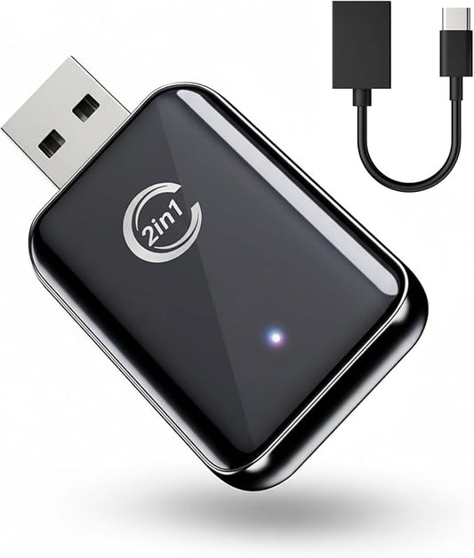 CZOCPOS 2-in-1 Wireless CarPlay Adapter, Plug and Play USB Dongle Support CarPlay and Android Auto, Mini Size, Inky Black