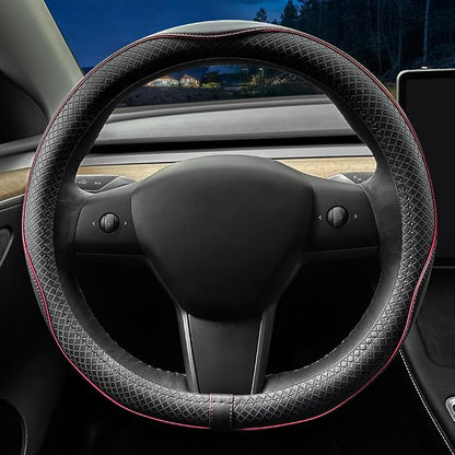 LKWLIKEI Nappa Leather Ultra-Thin Steering Wheel Cover, for Tesla Model 3/Y Steering Wheel Cover, Non-Slip Design and Interior Modification of car Accessories （Black and Red）
