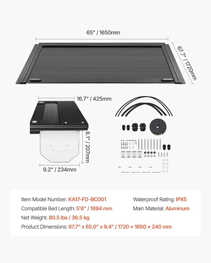 VEVOR Retractable Tonneau Cover, 5.5 ft Hard Retractable Tonneau Cover with Built-in Drainage Pipe for 2009-2024 Ford F-150 Crew Cab, Customized Design with Double-Lock & T-Slot