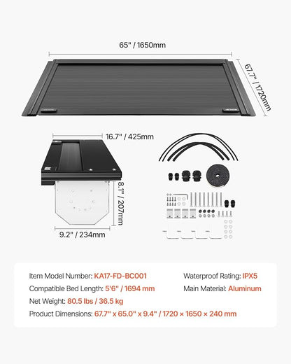 VEVOR Retractable Tonneau Cover, 5.5 ft Hard Retractable Tonneau Cover with Built-in Drainage Pipe for 2009-2024 Ford F-150 Crew Cab, Customized Design with Double-Lock & T-Slot