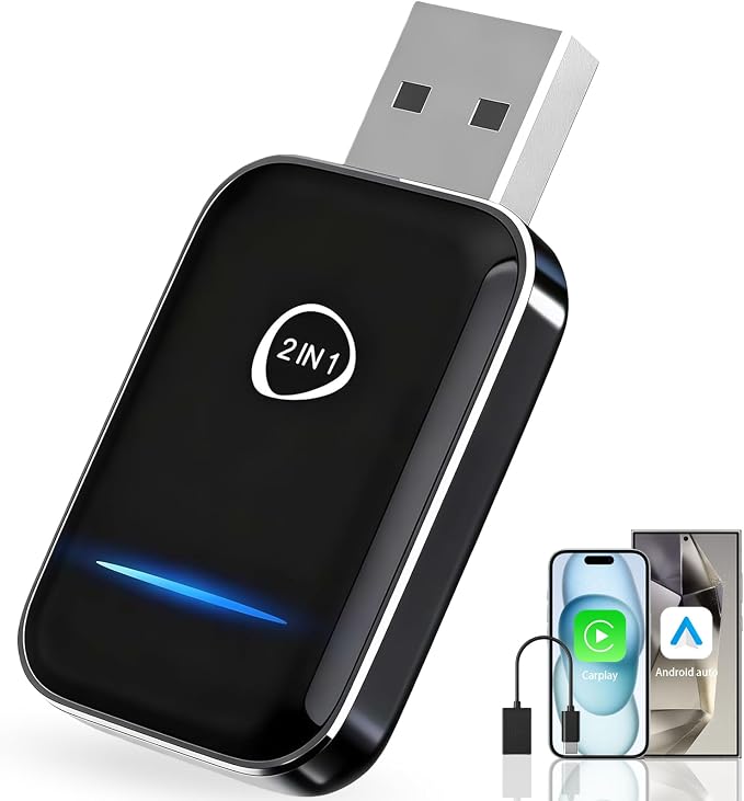 2-in-1 Wireless CarPlay & Android Auto Adapter (2026 Upgraded), Fast 5GHz/2.4GHz Dual-Band WiFi, No Delay Plug & Play Dongle, Auto-Connect Mini Adapter for Wired CarPlay/Android Auto Cars