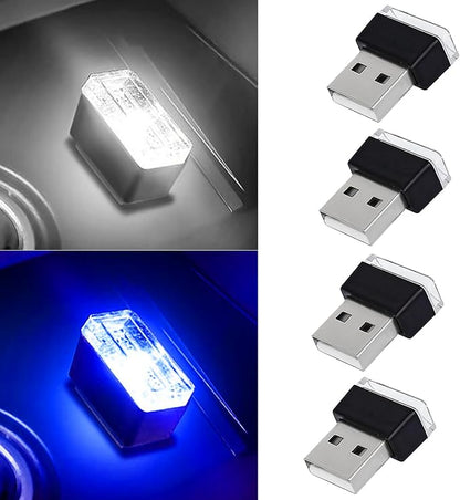 4 PCS USB LED Car Interior Atmosphere Lamp, Portable Mini Auto LED Decor Night Light, Plug-in USB Interface Ambient Lighting Kit, Universal Car Interior Accessories(White+Blue)