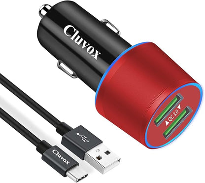 Rapid USB C Car Charger, Compatible for Samsung Galaxy S26/S25 Plus/Ultra/S24/S23/S22/S21/Note 20/S20/S10/S9/A56/A36/A50/A70, Quick Charge 3.0 Dual USB 18W Fast Car Charger+ Type C Cable 3.3ft-Red