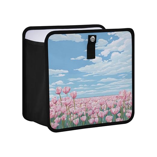 Car Trash Can Organizer Bin with Adjustable Strap for Back Front Seat Console Waterproof Leakproof Collapsible Portable 11 Inch Pink Tulip Field and Blue Sky