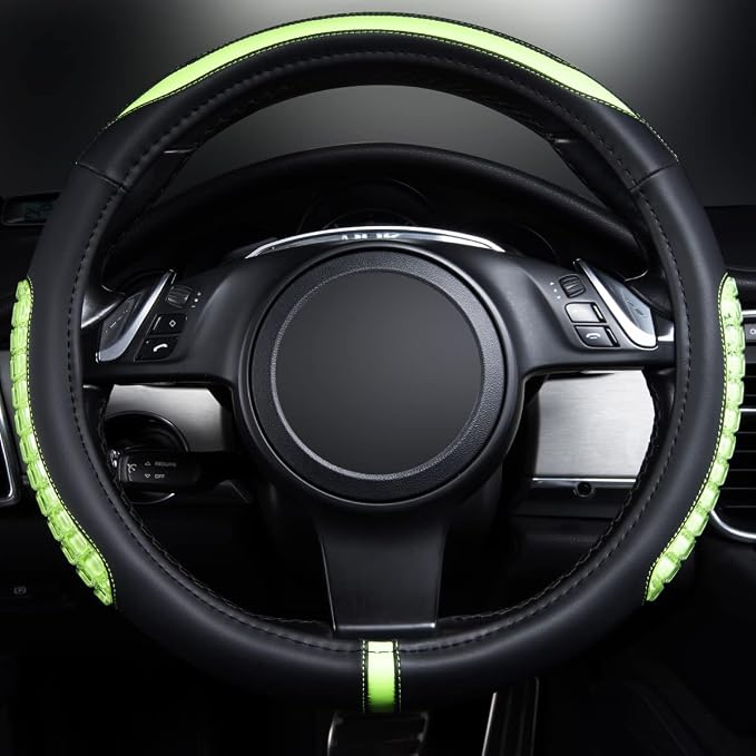 Flying Banner car Steering Wheel Cover Gel Massage Velvet Cool Warm Universal Size 15 inches SUV Truck Anti Slip Odorless Summer Winter (Black Mint Green, Gel Massage)