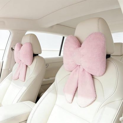 Sexysamba 2 Pcs Plush Bow Car Headrest Neck Pillow Cute Bow Pillow for Car Seat Décor Soft Neck Support for Comfortable Driving Traveling Office Fluffy Head Rest Cushion, Pink