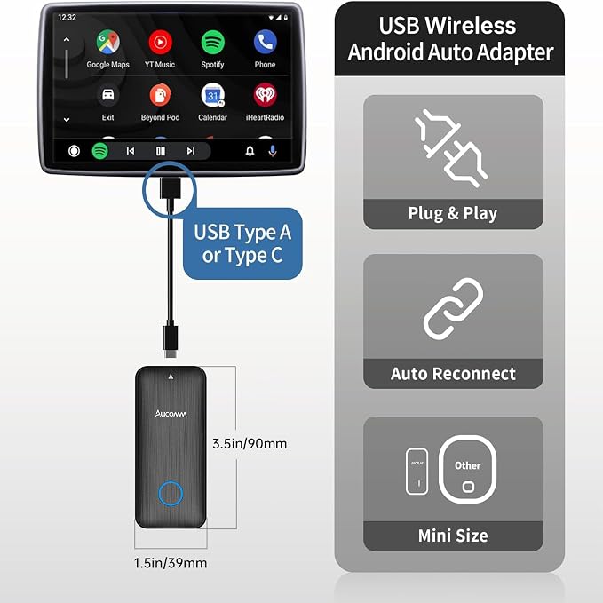 Wireless Android Auto Car Adapter Converts Wired AA 2016+ to Wireless, Plug and Play, 5.8GHz, 60FPS
