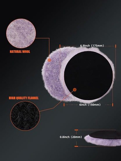 SPTA 2Pcs 6Inch (150mm) Wool Cutting Pad Set, Purple Wool Buffing and Polishing Pad for Heavy Cut, Car Polisher