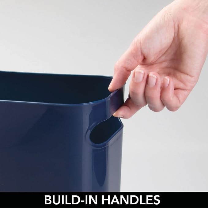 mDesign Plastic Small Trash Can, 1.5 Gallon/5.7-Liter Wastebasket, Narrow Garbage Bin with Handles for Bathroom, Laundry, Home Office - Holds Waste, Recycling, 10" High, Aura Collection, Navy Blue