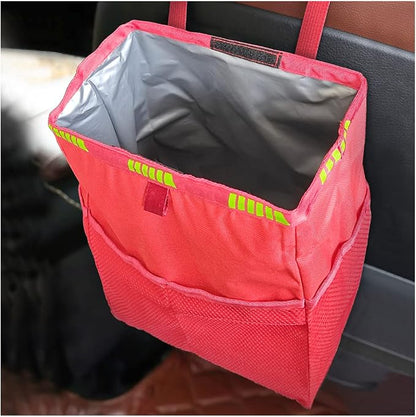 Fekey&JF Hanging Car Trash Can with Storage Pockets, Waterproof Leakproof Oxford Auto Garbage Bag, Multi-Use Organizer for Outdoor Traveling, Foldable Trash Bin for Truck, SUV, Home, Office (Red)