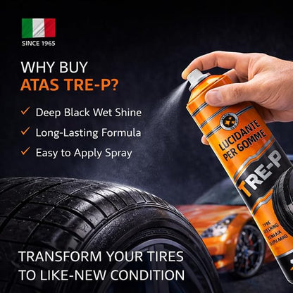 ATAS Italian Tire Shine Spray – Long-Lasting Shine, Deep Black Gloss, Professional Tire Dressing, 13.5 fl oz,3-in-1 Revive, Protect & Polish Cleaner