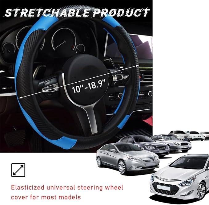 povtii Car Steering Wheel Cover, 15 Inch Leather Breathable Auto Steering Wheel Protector, Comfortable Non-Slip Vehicle Steering Wheel Covers, Universal Interior Car Accessories (Black+Blue)