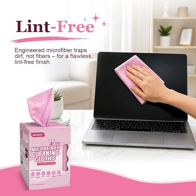 UNIMADE Microfiber Cleaning Cloth, 75 Sheets Microfiber Towels for Cars Commercial Grade Washcloths Lint-Free Bulk Shop Towel Cleaning Rags for Household Restaurant Garage Housekeeping, 11"x 9", Pink