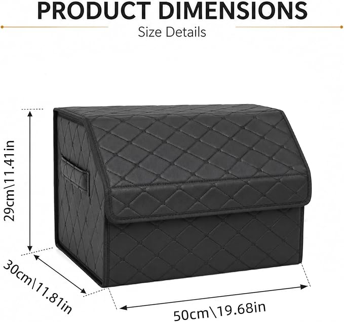 Leather Car Trunk Organizer with Lid,65L Foldable Storage Box for Universal Cars, SUVs, Sedans and MPVs, Removable Divider, Carry Handles, Black