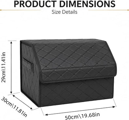 Leather Car Trunk Organizer with Lid,65L Foldable Storage Box for Universal Cars, SUVs, Sedans and MPVs, Removable Divider, Carry Handles, Black