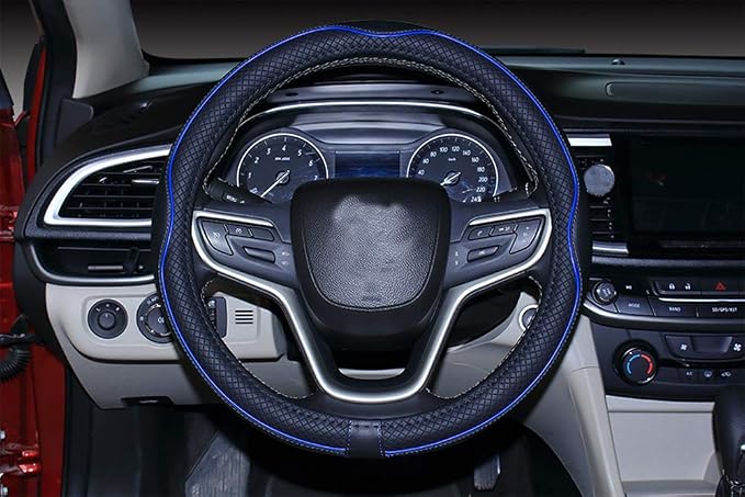 Mayco Bell Universal Standard Size Steering Wheel Cover Anti-Slip,Safety,Soft,Breathable,Durable,Full Surround,Comfortable Grip Microfiber Leather (14.5-15 inch,Black Dark Blue)