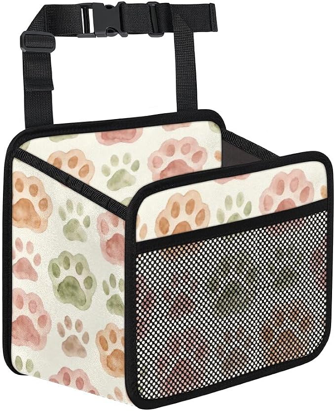 Car Backseat Organizer, PU Leather Back of Seat Car Hanging Organizer with Pockets Leakproof Car Garbage Bag Hanging Car Seat Storage Box Travel Accessories Foldable (Dogs Footprints)