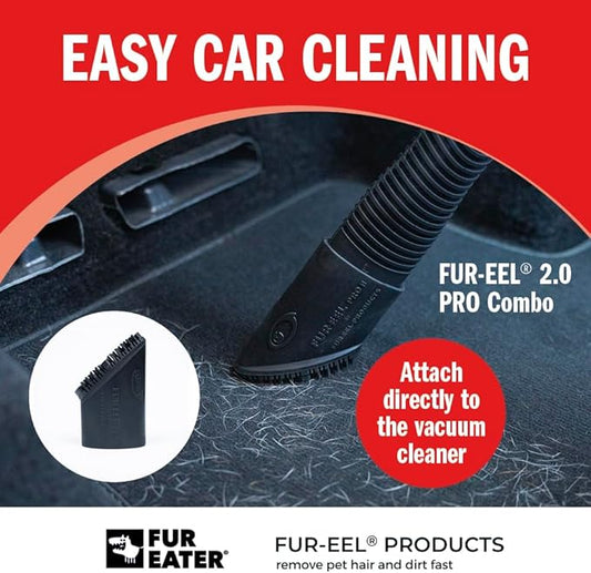 FUR-EEL PRO 2.0 Pet Hair Remover Vacuum Attachment, Replaceable Rubber Brush Head for Dog & Cat Hair, Fits 1-1/4, 1-3/8 & 1-1/2 in Round Hoses, for Car Detailing, Carpet & Upholstery