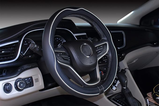Mayco Bell Universal Standard Size Steering Wheel Cover Anti-Slip,Safety,Soft,Breathable,Durable,Full Surround,Comfortable Grip Microfiber Leather (14.5-15 inch,Black White)